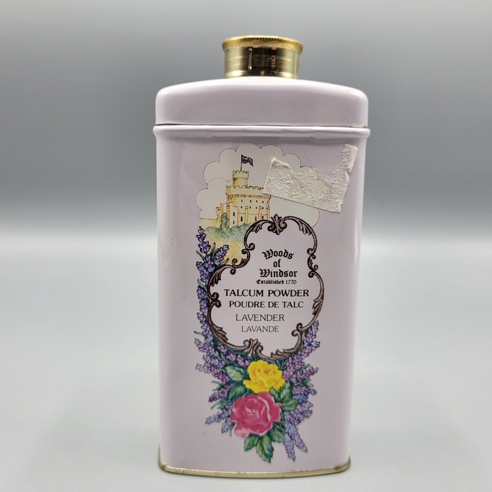 Vintage Woods of Windsor Talcum Powder 3.5oz Lavender Floral Tin Purple England